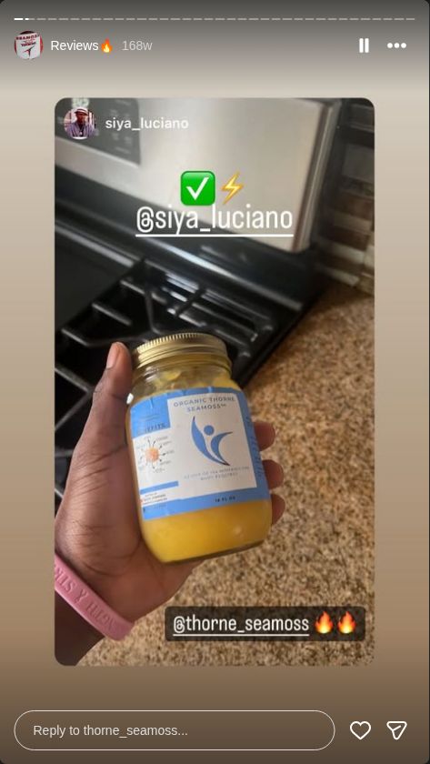 Customer story from @thorne_seamoss Instagram Reviews highlight, story 2.