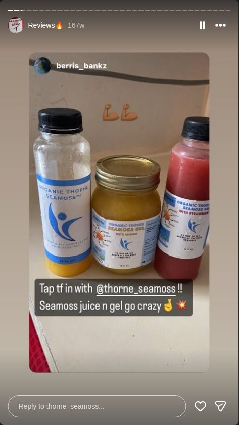 Customer story from @thorne_seamoss Instagram Reviews highlight, story 3.