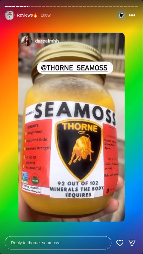 Video preview from @thorne_seamoss Instagram Reviews highlight, story 6.