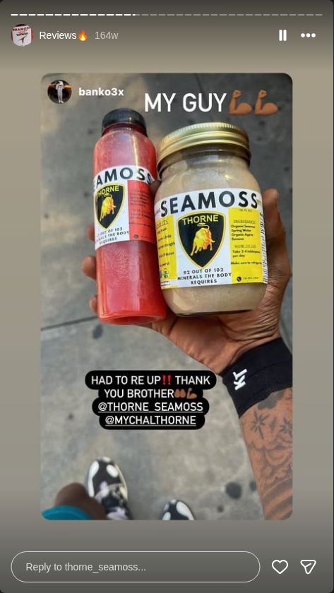 Customer story from @thorne_seamoss Instagram Reviews highlight, story 15.