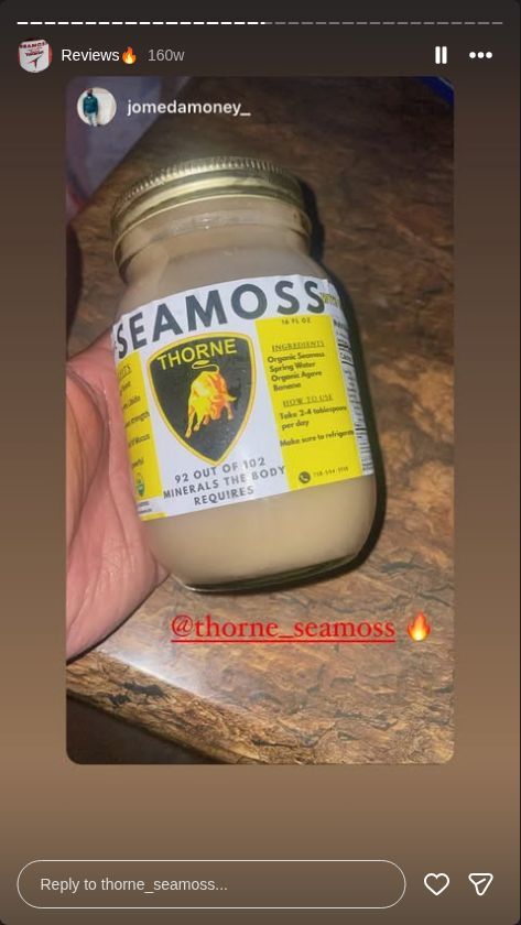 Customer story from @thorne_seamoss Instagram Reviews highlight, story 19.