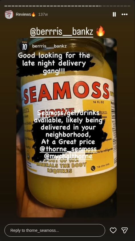 Customer story from @thorne_seamoss Instagram Reviews highlight, story 28.