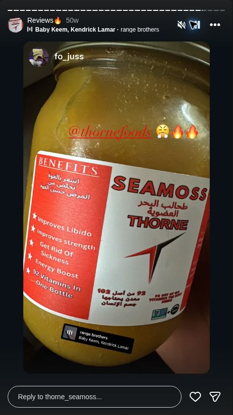 Video preview from @thorne_seamoss Instagram Reviews highlight, story 33.