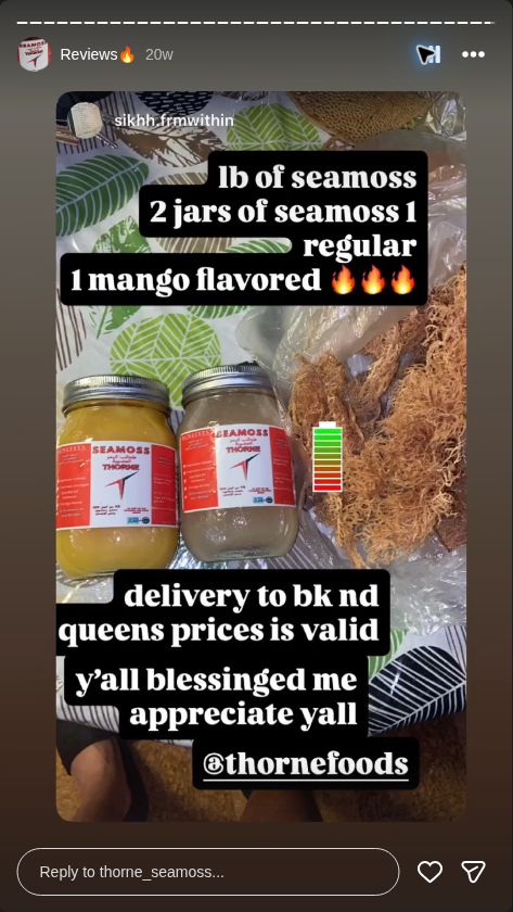 Video preview from @thorne_seamoss Instagram Reviews highlight, story 36.