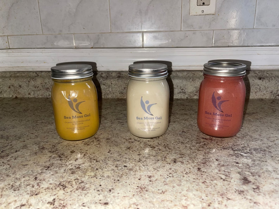Early sea moss gel range with three jars and the original blue logo