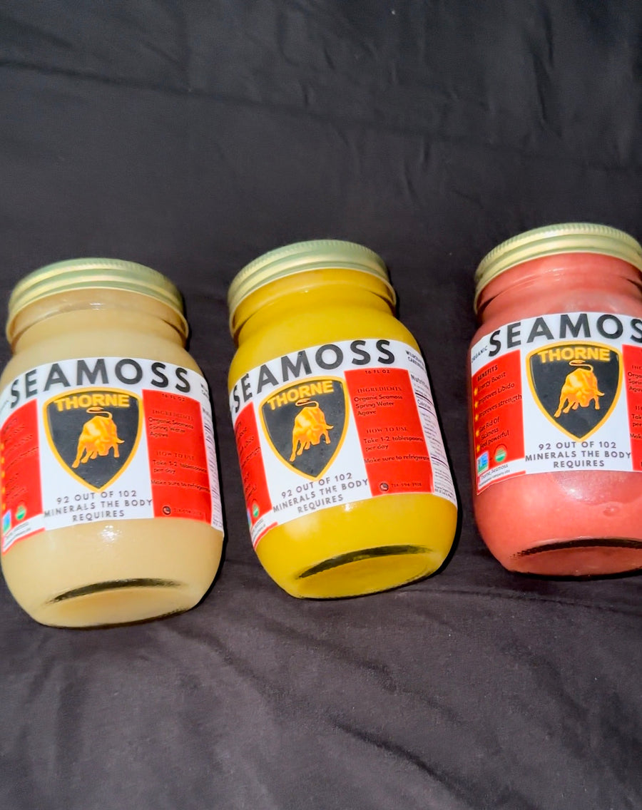 Thorne sea moss gel jars with the gold bull shield label