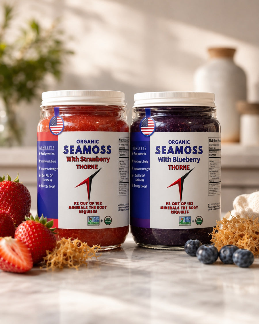Thorne strawberry and blueberry sea moss jars with the current red and black logo